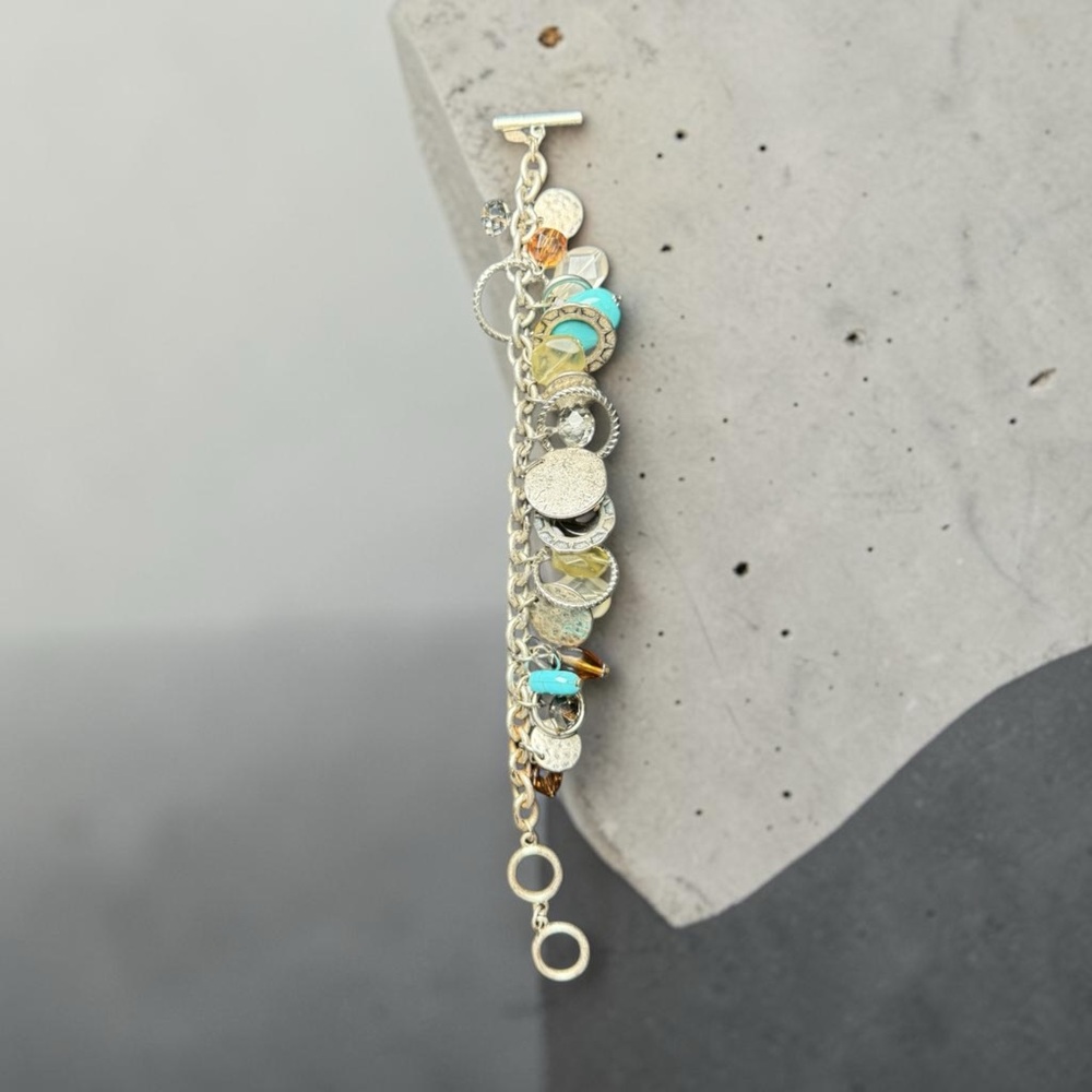 Silver Charm Bracelet with Turquoise and Amber Accents - Women's Jewelry - Picture 2 of 4